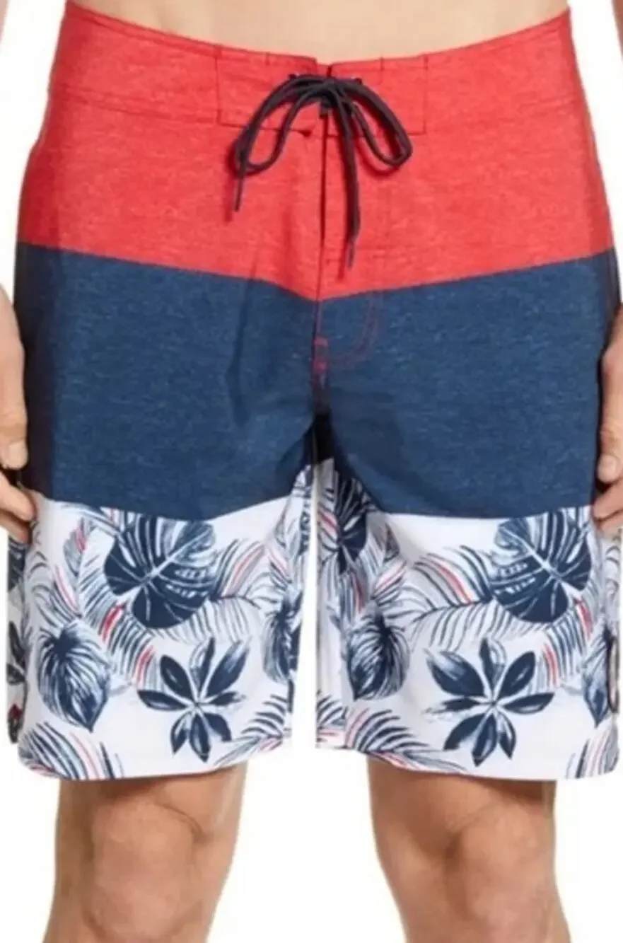 Travis Mathew Board Shorts Palm Tropical Colorblock Drawstring Red Blue Large